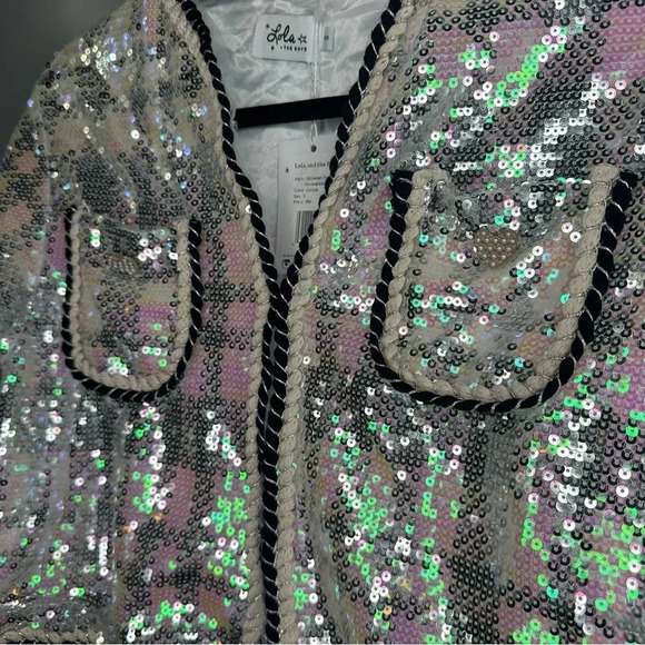 NWT Lola + The Boys Shimmer Sequin Houndstooth Bomber Jacket Silver Size Small - Picture 2 of 8